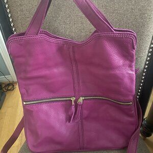 Fossil Fuchsia Purple Leather Folding Tote Purse Large Bag